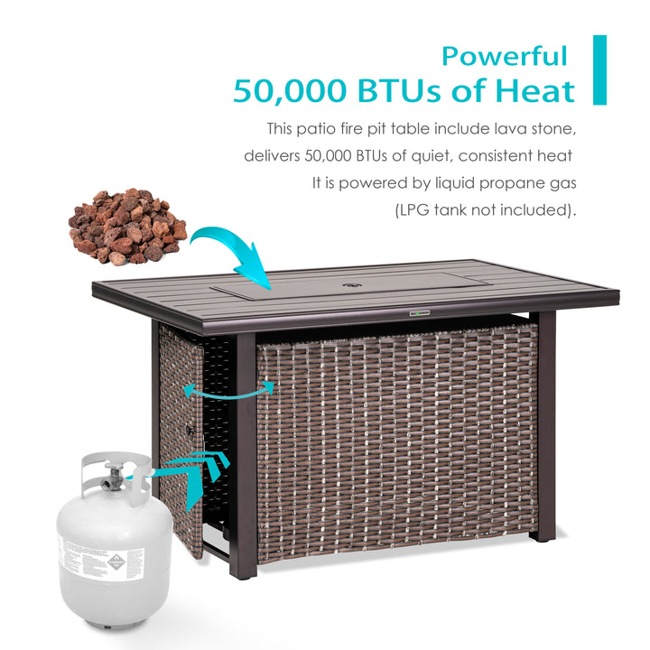 Outdoor 44 Inch 50,000 BTU Propane Gas Rattan Fire Pit Table, Aluminum Top
