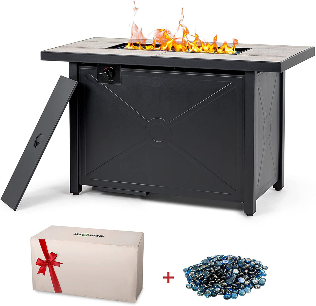 Outdoor 42 Inch 50,000 BTU Propane Gas Cabinet Rectangle Fire Pit Table, Ceramic Tabletop and Iron Frame, with Lid and Fire Glass Beads for Balcony, Patio, Garden, Party, Black