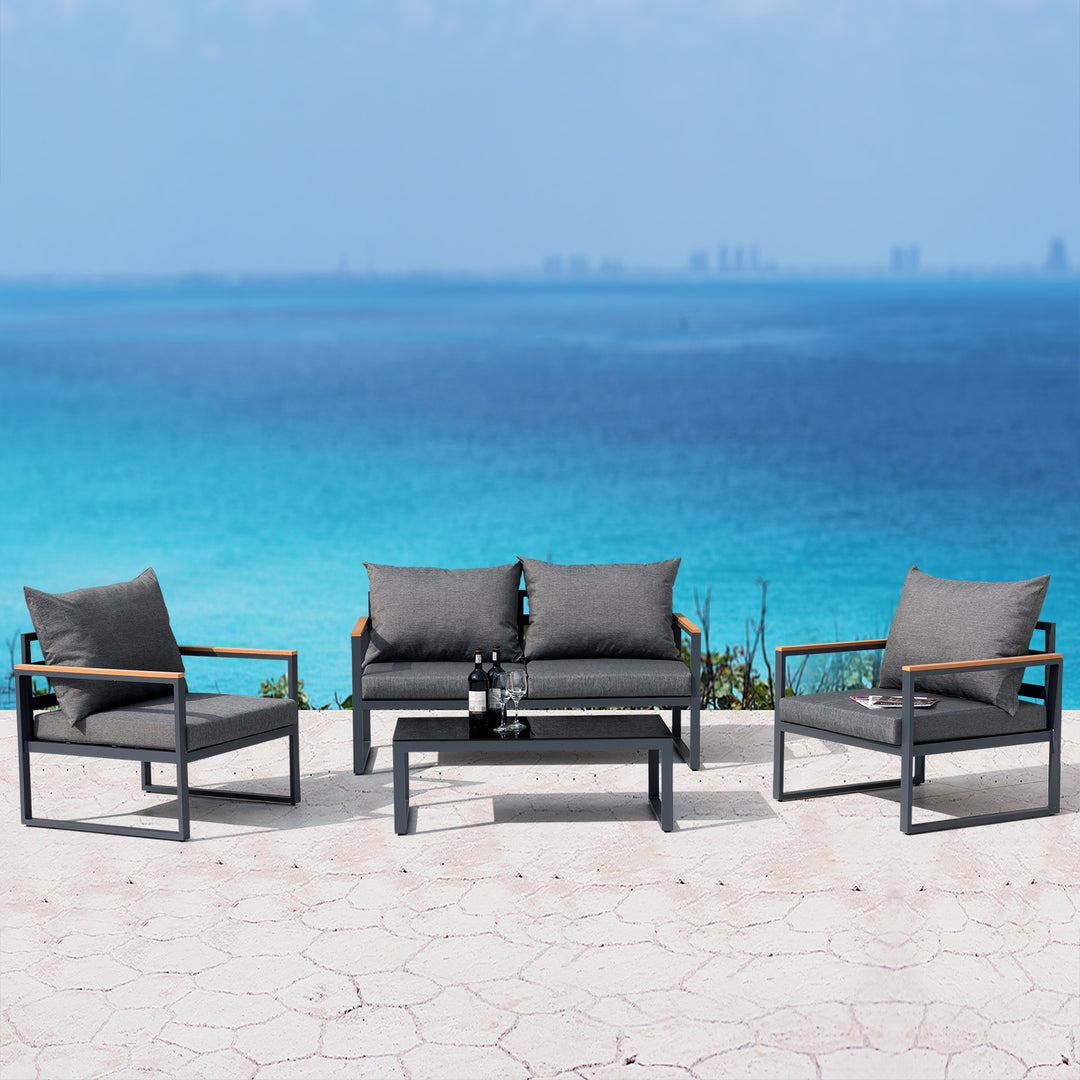 4 Pieces Aluminum Teak Patio Furniture Sofa Set, Outdoor Conversation/Bistro Set with Loveseat, Coffee Table, Cushions for Home, Backyard, Pool