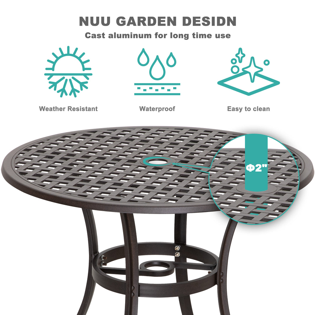 5 Piece Outdoor Cast Aluminum Dining Set, Round Patio Table and Chairs with Umbrella Hole for Patio or Deck, Lattice Weave Design