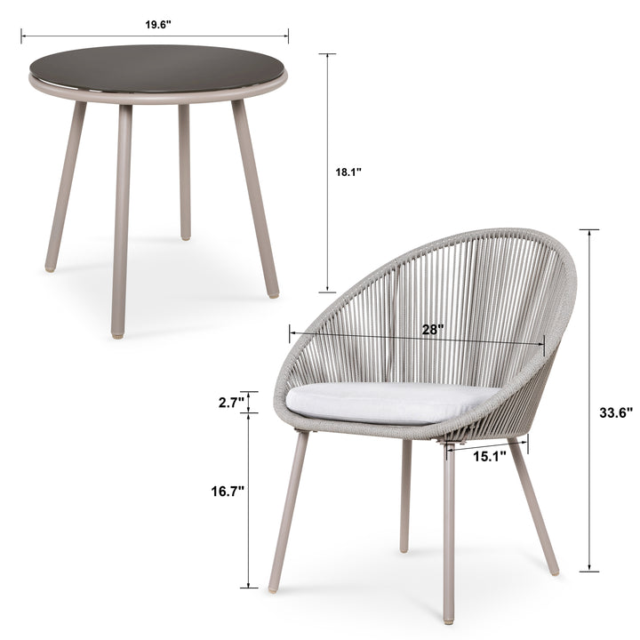 3 Pieces Patio Table Set Outdoor All Weather Woven Rope Patio Conversation Bistro Set with Cushions, Patio Furniture Sets for Balcony, Garden, Balcony, Deck, Backyard
