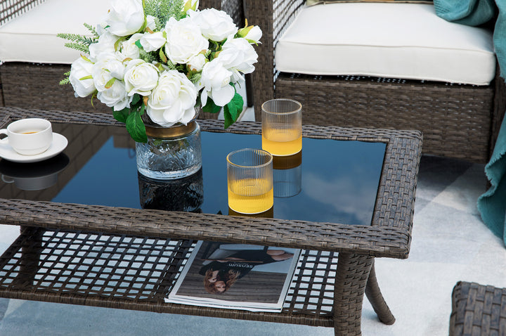4 Pieces Patio Furniture, Outdoor Conversation/Sofa Set with Rattan Coffee Table and Cushions, Steel, PE Rattan Wicker, for Small Balconies, Front Porch, Yard, Deck