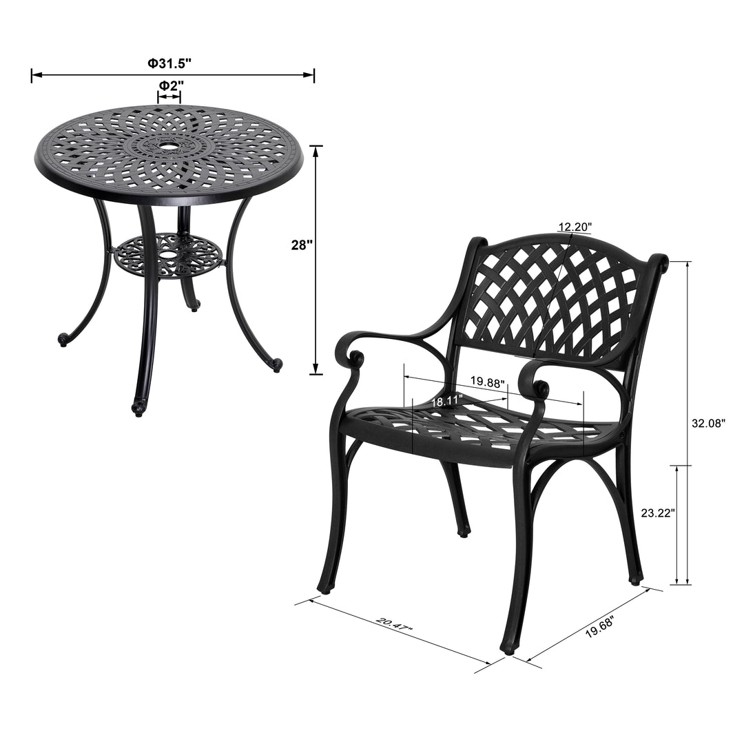 3 Pieces Outdoor Bistro Set with Red Cushions, Cast Aluminum All-Weather Patio Dining Set, Outdoor Furniture Table with Umbrella Hole for Garden, Balcony, Porch