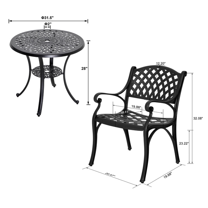 3 Pieces Outdoor Bistro Set with Red Cushions, Cast Aluminum All-Weather Patio Dining Set, Outdoor Furniture Table with Umbrella Hole for Garden, Balcony, Porch