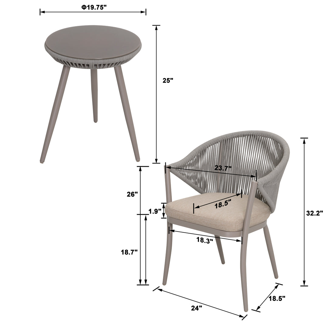 3 Pieces Aluminum Patio Bistro Conversation Set Unique Rope Outdoor Garden Furniture Table and Chair Set with Coffee Cushions