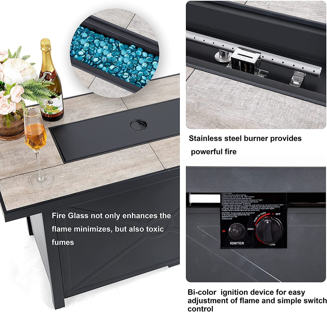 Outdoor 42 Inch 50,000 BTU Propane Gas Cabinet Rectangle Fire Pit Table, Ceramic Tabletop and Iron Frame, with Lid and Fire Glass Beads for Balcony, Patio, Garden, Party, Black