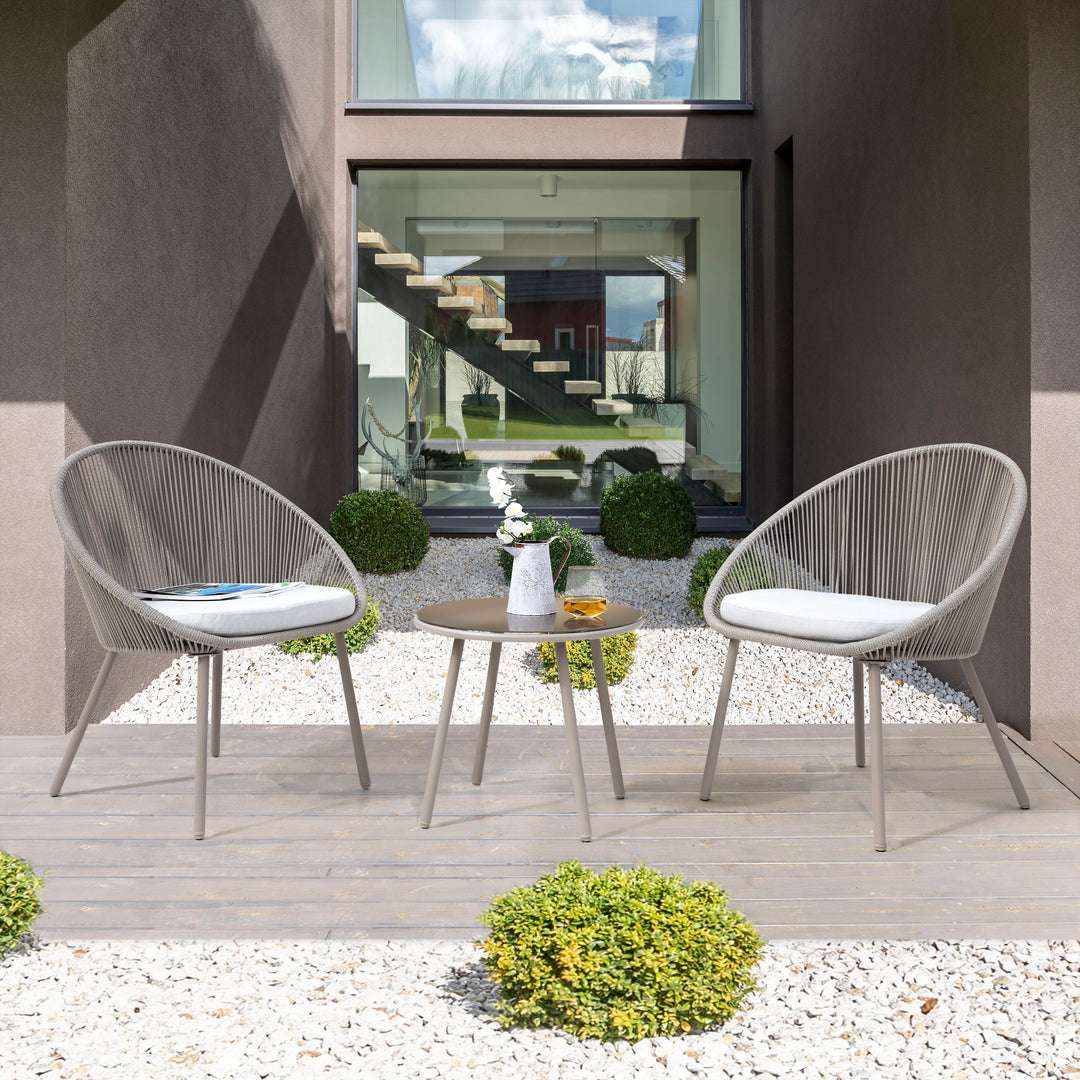 3 Pieces Patio Table Set Outdoor All Weather Woven Rope Patio Conversation Bistro Set with Cushions, Patio Furniture Sets for Balcony, Garden, Balcony, Deck, Backyard