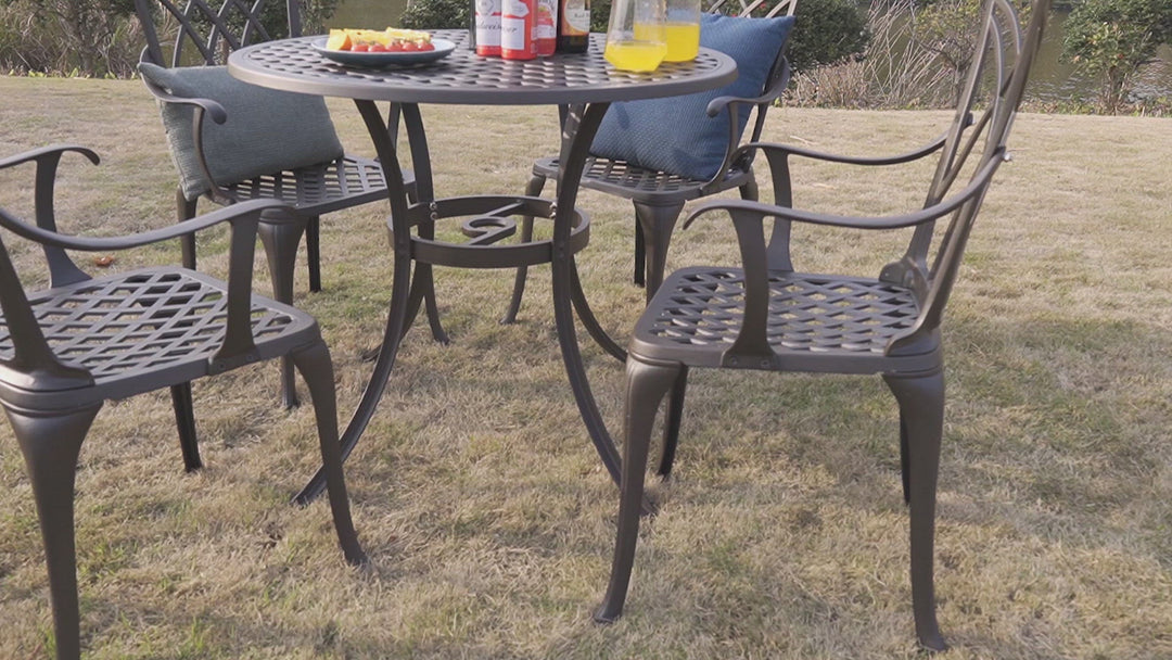 5 Piece Outdoor Cast Aluminum Dining Set, Round Patio Table and Chairs with Umbrella Hole for Patio or Deck, Lattice Weave Design