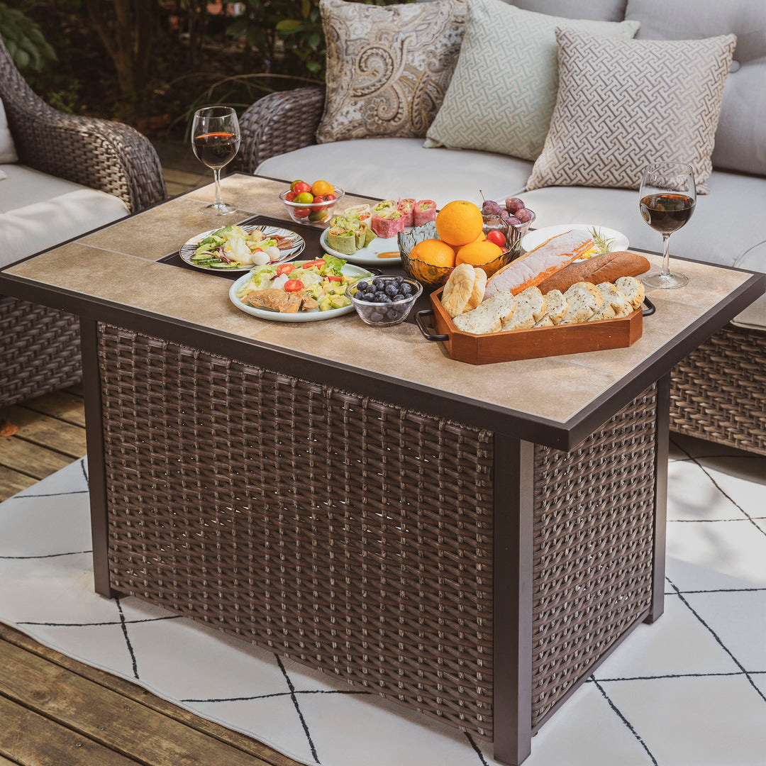 Outdoor 43 Inch 50,000 BTU Propane Gas Rattan Fire Pit Table, Ceramic Tabletop