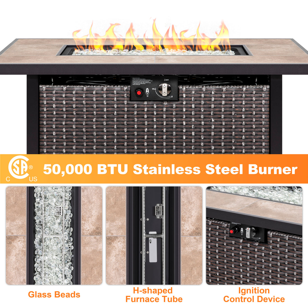 Outdoor 43 Inch 50,000 BTU Propane Gas Rattan Fire Pit Table, Ceramic Tabletop