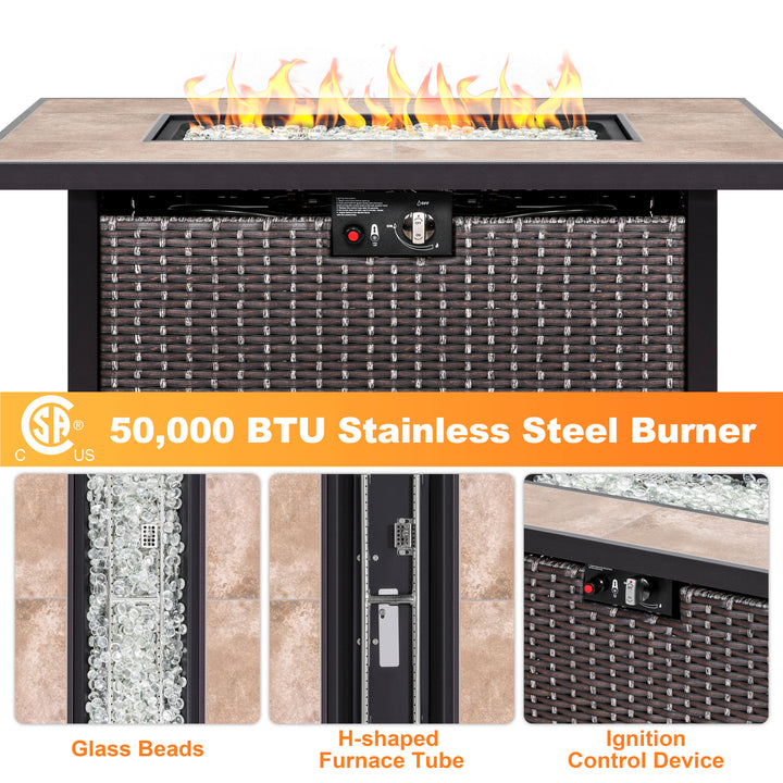 Outdoor 43 Inch 50,000 BTU Propane Gas Rattan Fire Pit Table, Ceramic Tabletop