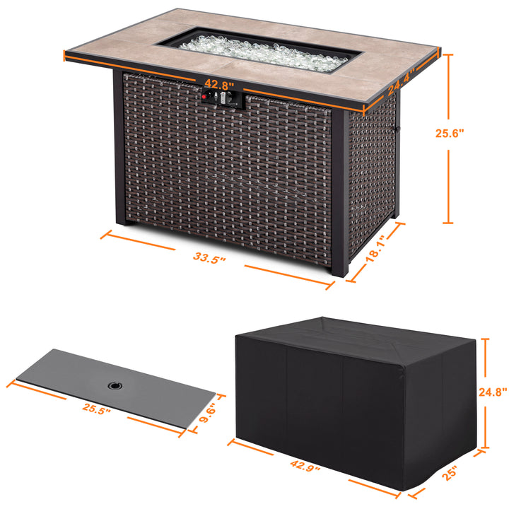 Outdoor 43 Inch 50,000 BTU Propane Gas Rattan Fire Pit Table, Ceramic Tabletop