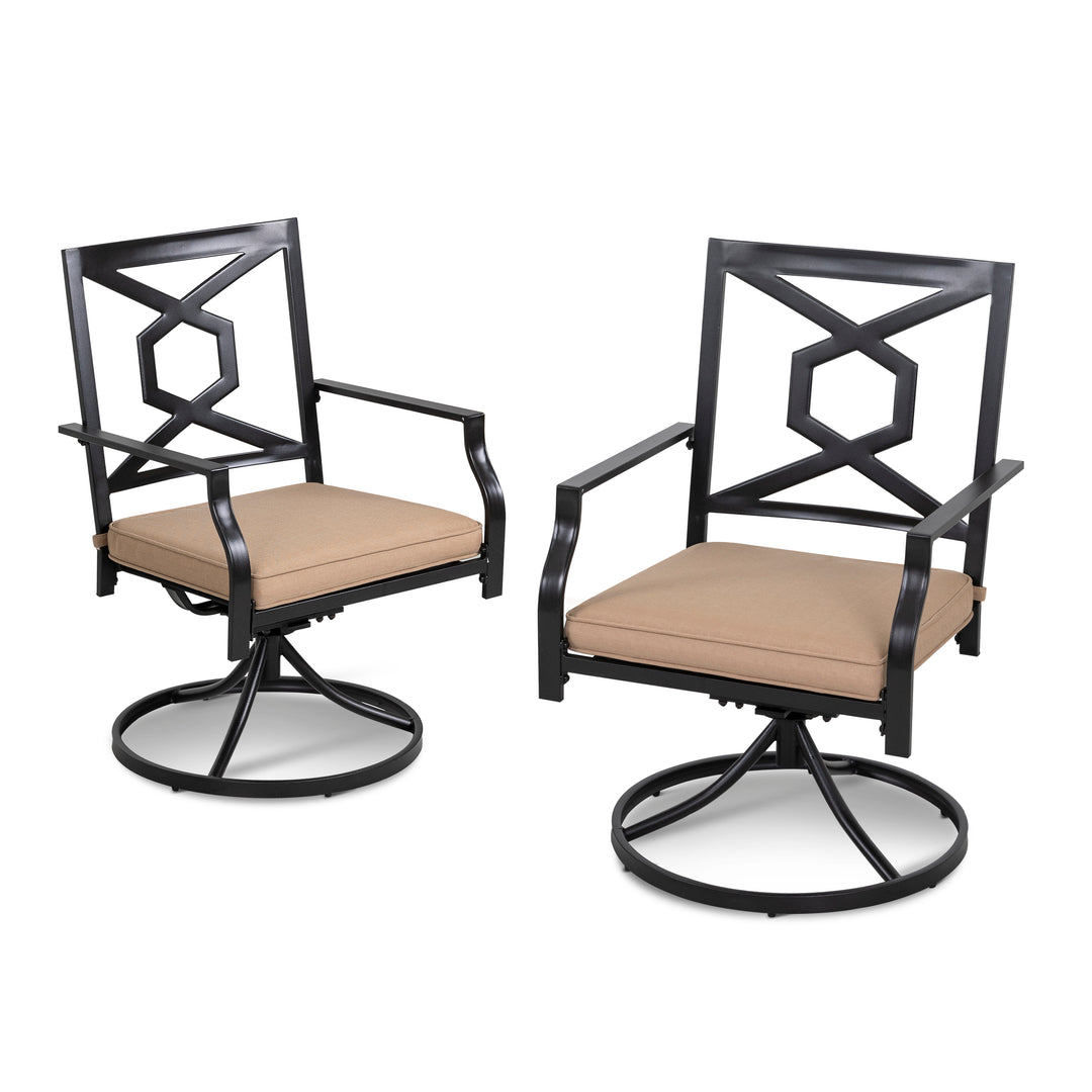 Patio Swivel Dining Chairs Set of 2 Metal Outdoor Chair with Cushions for Backyard and Garden, Black and Beige