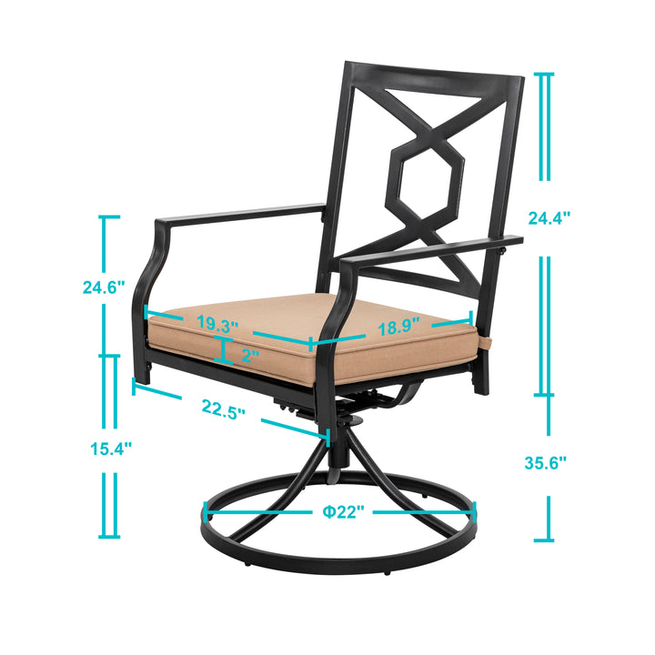 Patio Swivel Dining Chairs Set of 2 Metal Outdoor Chair with Cushions for Backyard and Garden, Black and Beige