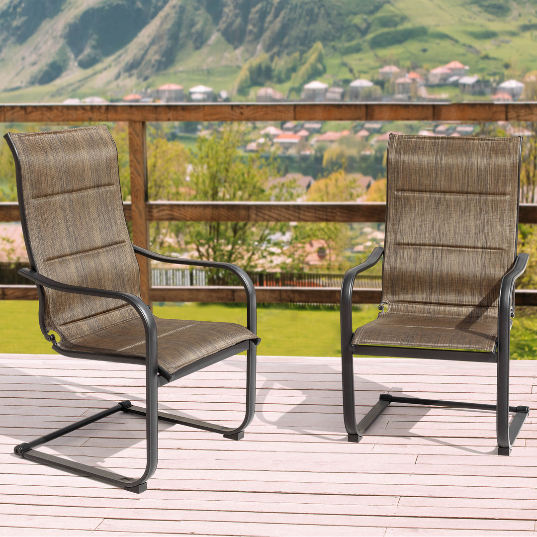 Outdoor Chair Set of 2 C-spring Motion Dining Chairs, Textilene Fabric with Foam-Padded and Iron Chair Frame, Black and Brown Color