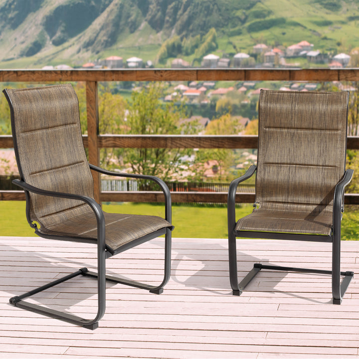 Outdoor Chair Set of 2 C-spring Motion Dining Chairs, Textilene Fabric with Foam-Padded and Iron Chair Frame, Black and Brown Color