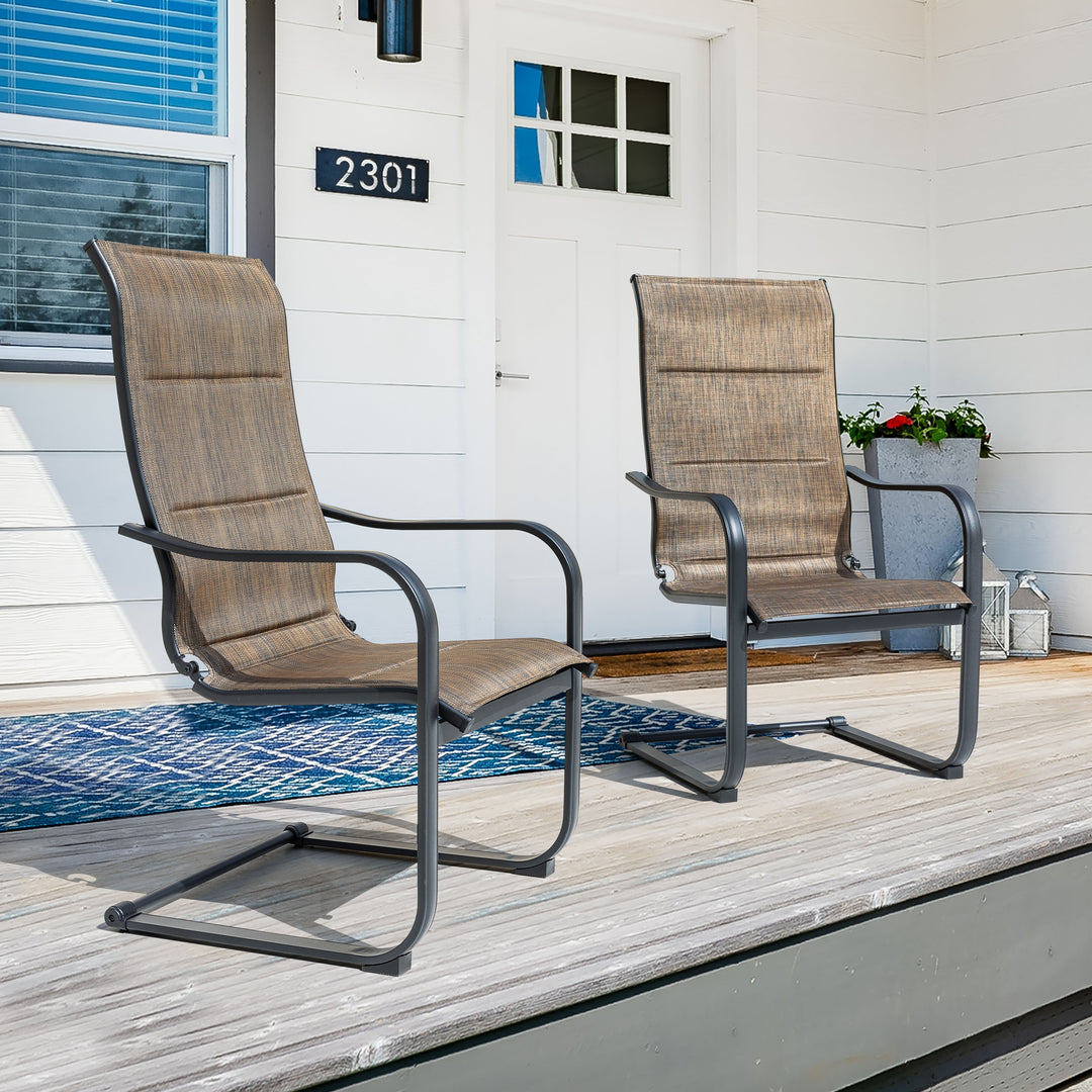 Outdoor Chair Set of 2 C-spring Motion Dining Chairs, Textilene Fabric with Foam-Padded and Iron Chair Frame, Black and Brown Color