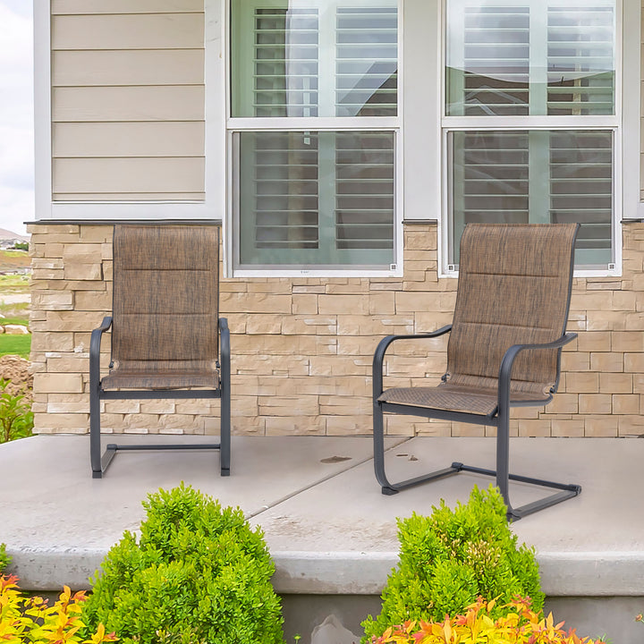 Outdoor Chair Set of 2 C-spring Motion Dining Chairs, Textilene Fabric with Foam-Padded and Iron Chair Frame, Black and Brown Color