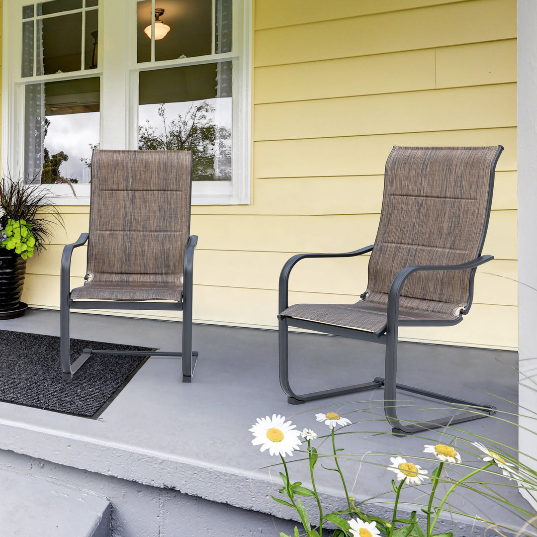 Outdoor Chair Set of 2 C-spring Motion Dining Chairs, Textilene Fabric with Foam-Padded and Iron Chair Frame, Black and Brown Color