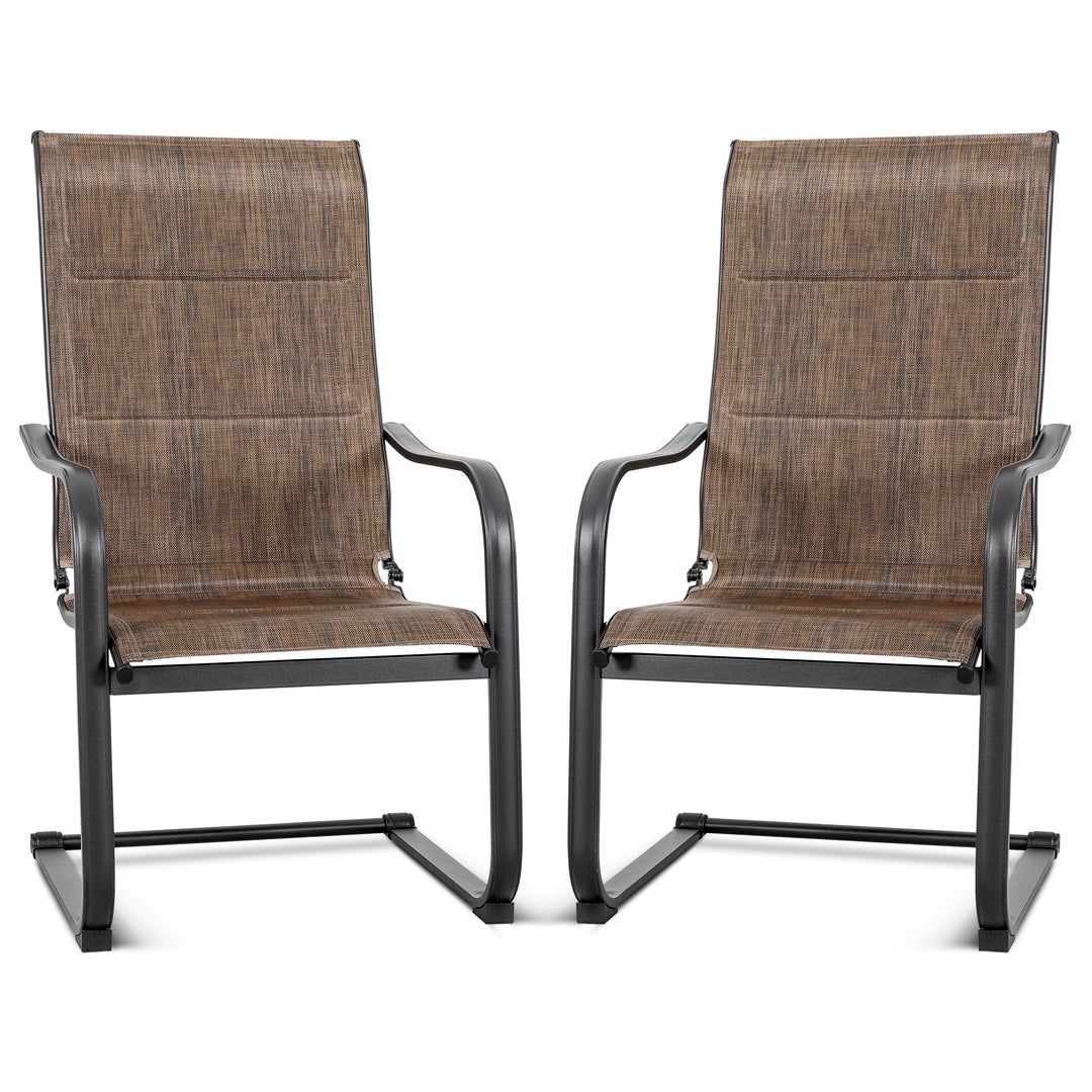 Outdoor Chair Set of 2 C-spring Motion Dining Chairs, Textilene Fabric with Foam-Padded and Iron Chair Frame, Black and Brown Color