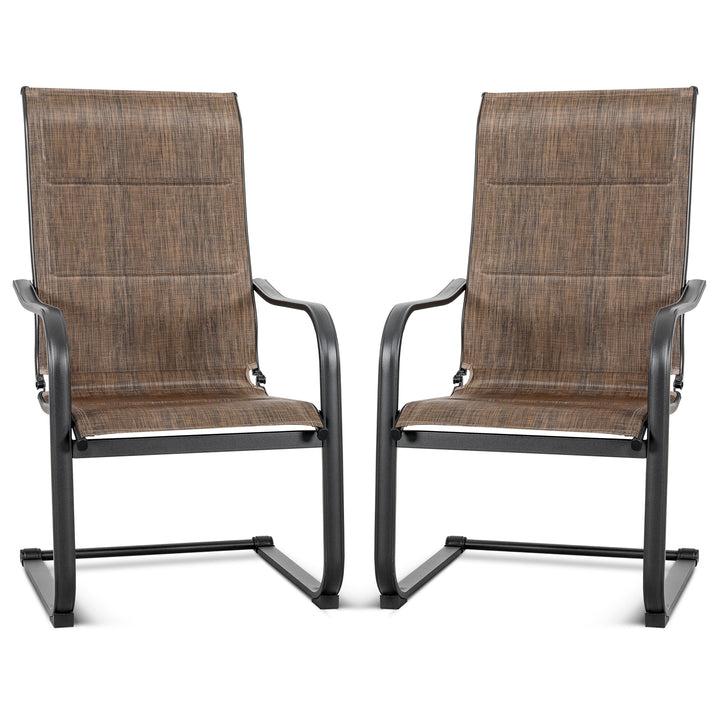 Outdoor Chair Set of 2 C-spring Motion Dining Chairs, Textilene Fabric with Foam-Padded and Iron Chair Frame, Black and Brown Color
