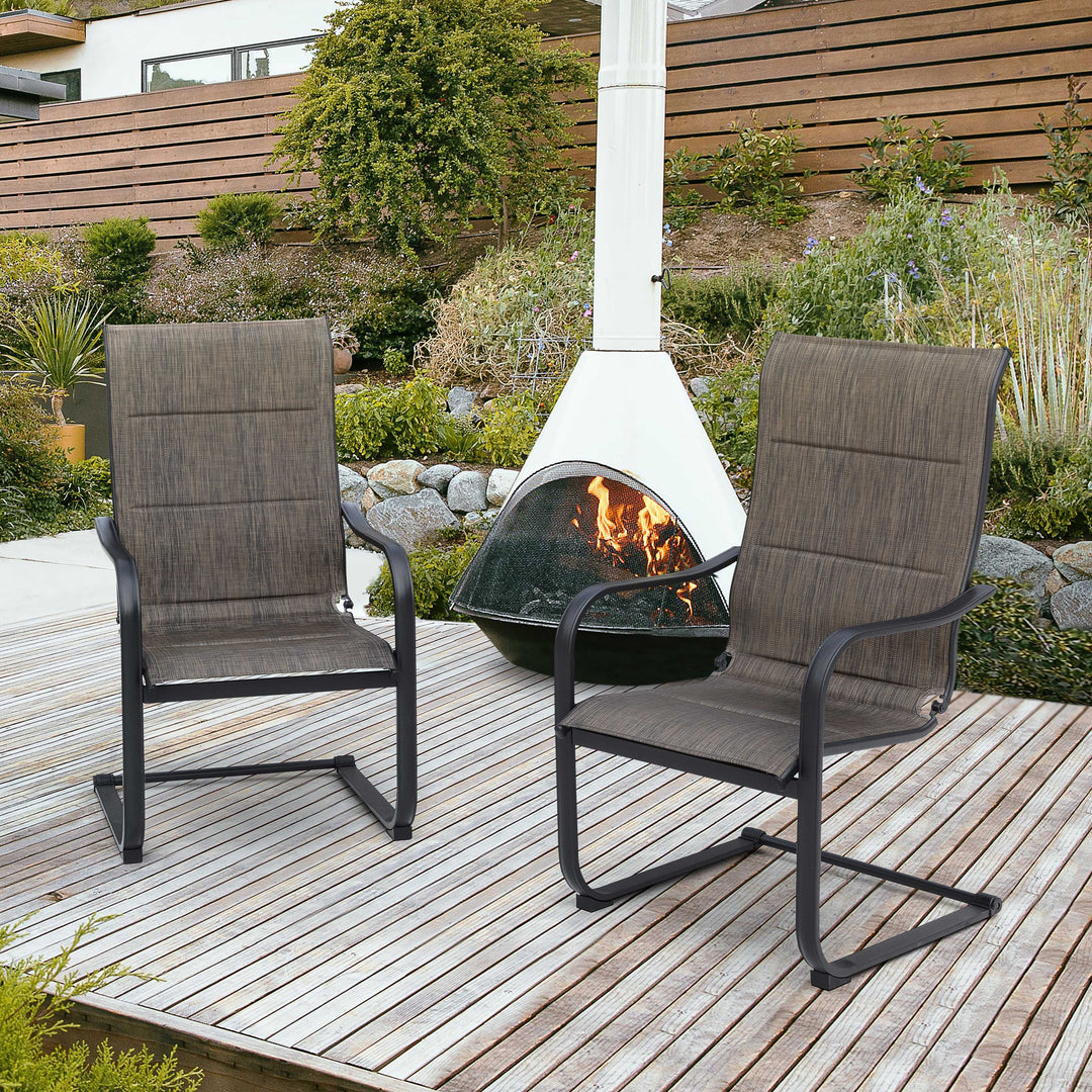 Outdoor Chair Set of 2 C-spring Motion Dining Chairs, Textilene Fabric with Foam-Padded and Iron Chair Frame, Black and Brown Color
