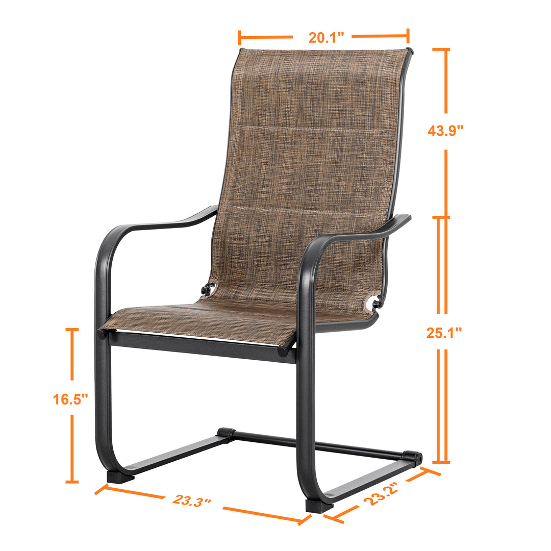 Outdoor Chair Set of 2 C-spring Motion Dining Chairs, Textilene Fabric with Foam-Padded and Iron Chair Frame, Black and Brown Color
