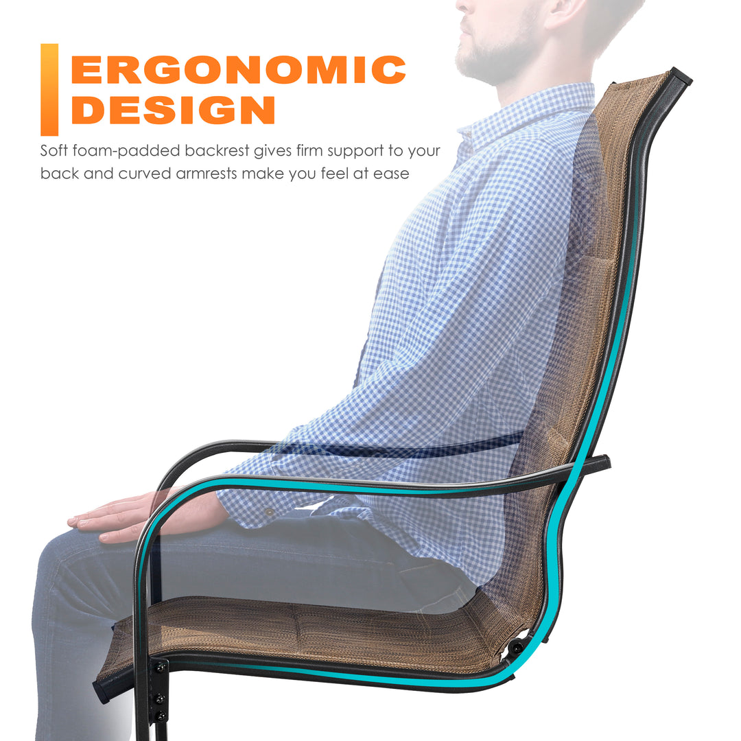 Outdoor Chair Set of 2 C-spring Motion Dining Chairs, Textilene Fabric with Foam-Padded and Iron Chair Frame, Black and Brown Color