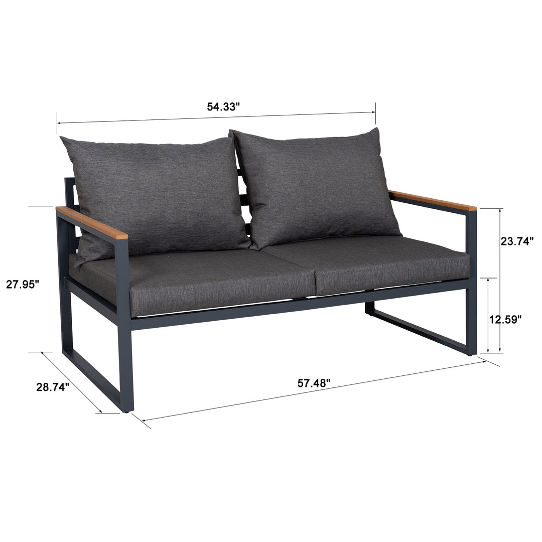 4 Pieces Aluminum Teak Patio Furniture Sofa Set, Outdoor Conversation/Bistro Set with Loveseat, Coffee Table, Cushions for Home, Backyard, Pool