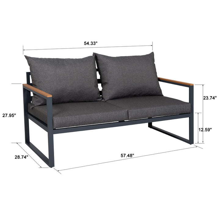 4 Pieces Aluminum Teak Patio Furniture Sofa Set, Outdoor Conversation/Bistro Set with Loveseat, Coffee Table, Cushions for Home, Backyard, Pool