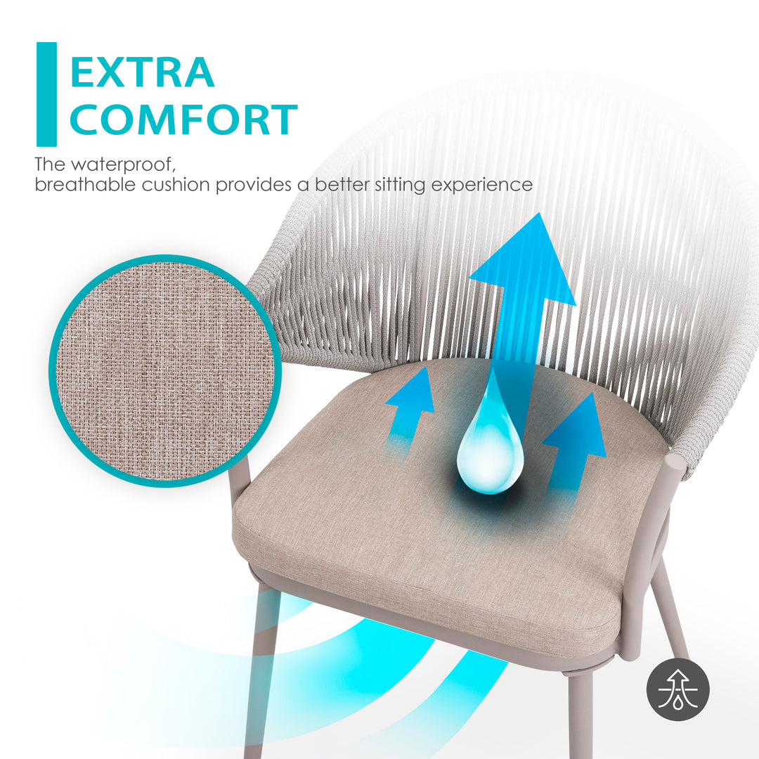 Outdoor Dining Chairs Set 2, 2 Piece Bistro Dining Chairs, Rope Single Chair Set of 2 with Cushions