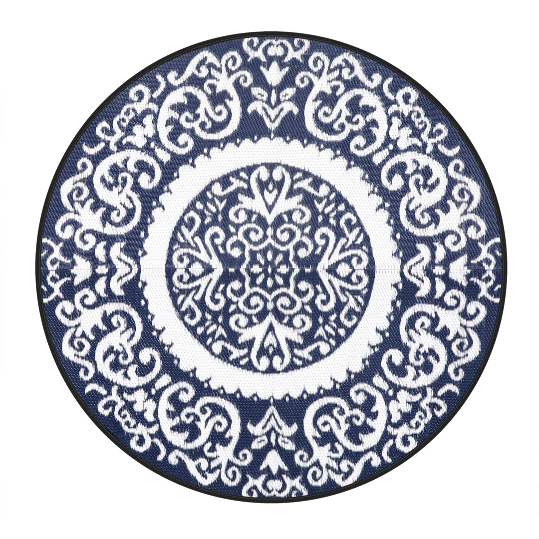 Round Outdoor Rug, Plastic Straw Foldable Area Rug Indoor Outdoor Carpet for Patio Decor Balcony Camping Picnic RV, Blue and White