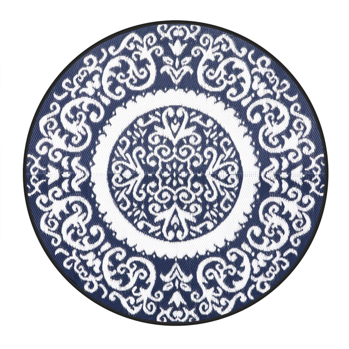 Round Outdoor Rug, Plastic Straw Foldable Area Rug Indoor Outdoor Carpet for Patio Decor Balcony Camping Picnic RV, Blue and White