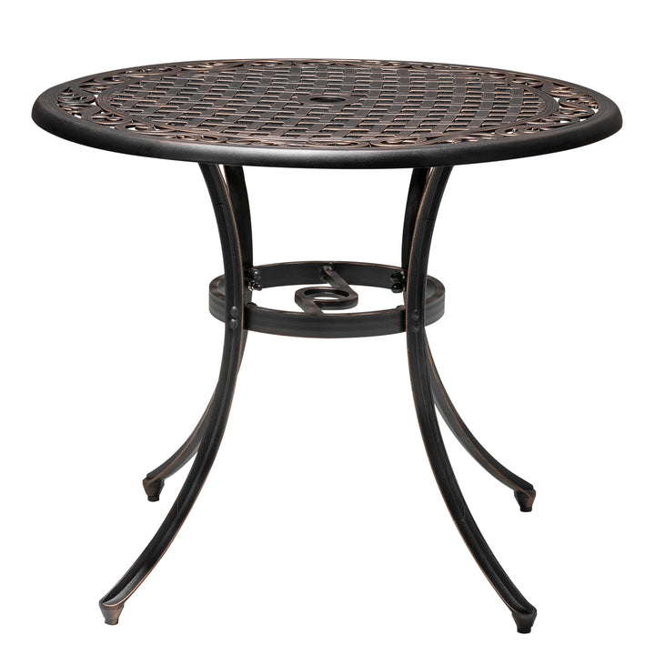 Outdoor 31'' Round Cast Aluminum Dining Table with 1.96 inch Umbrella Hole, for Outdoor and Indoor Space, Black with Gold-painted Edge
