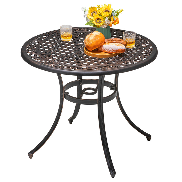 Outdoor 31'' Round Cast Aluminum Dining Table with 1.96 inch Umbrella Hole, for Outdoor and Indoor Space, Black with Gold-painted Edge