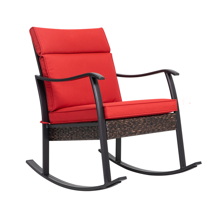 Outdoor Patio Rattan Rocking Single Chair with Padded Cushions