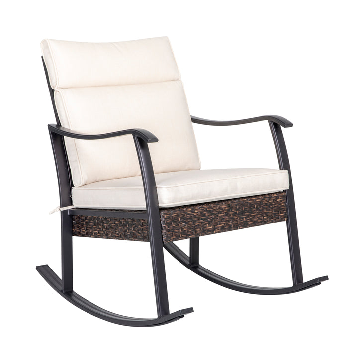 Outdoor Patio Rattan Rocking Single Chair with Padded Cushions