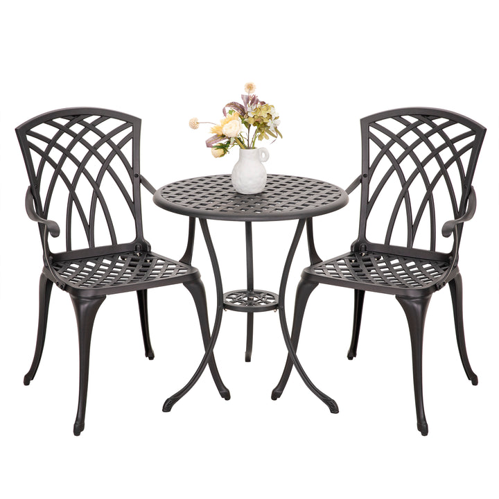 3-Piece Outdoor Patio Bistro Set, Round 24 Inch Cast Aluminum Bistro Table with 1.97" Umbrella Hole and 2 Cast Aluminum Bistro Chairs, for Patio, Garden, Backyard and Balcony, Black