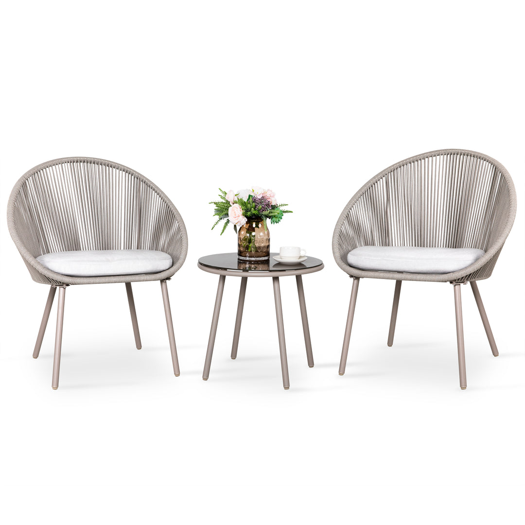 3 Pieces Patio Table Set Outdoor All Weather Woven Rope Patio Conversation Bistro Set with Cushions, Patio Furniture Sets for Balcony, Garden, Balcony, Deck, Backyard