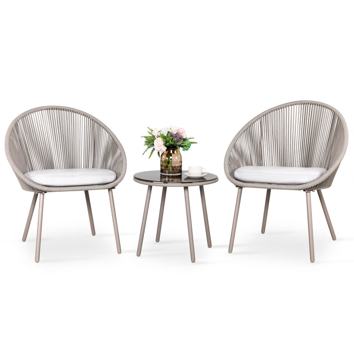 3 Pieces Patio Table Set Outdoor All Weather Woven Rope Patio Conversation Bistro Set with Cushions, Patio Furniture Sets for Balcony, Garden, Balcony, Deck, Backyard