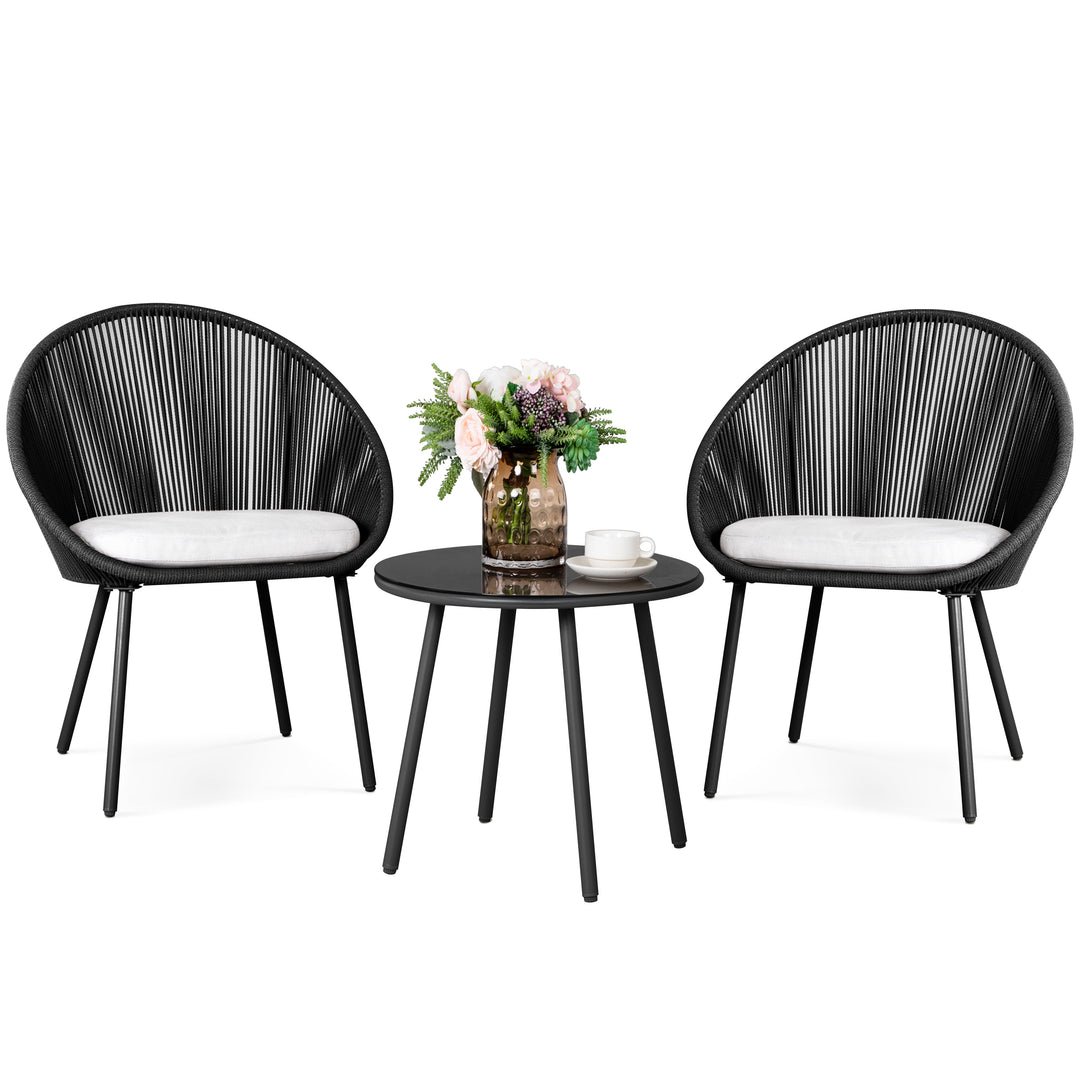 3 Pieces Patio Table Set Outdoor All Weather Woven Rope Patio Conversation Bistro Set with Cushions, Patio Furniture Sets for Balcony, Garden, Balcony, Deck, Backyard