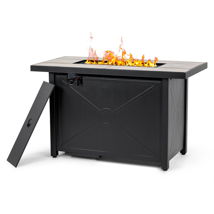 Outdoor 42 Inch 50,000 BTU Propane Gas Cabinet Rectangle Fire Pit Table, Ceramic Tabletop and Iron Frame, with Lid and Fire Glass Beads for Balcony, Patio, Garden, Party, Black