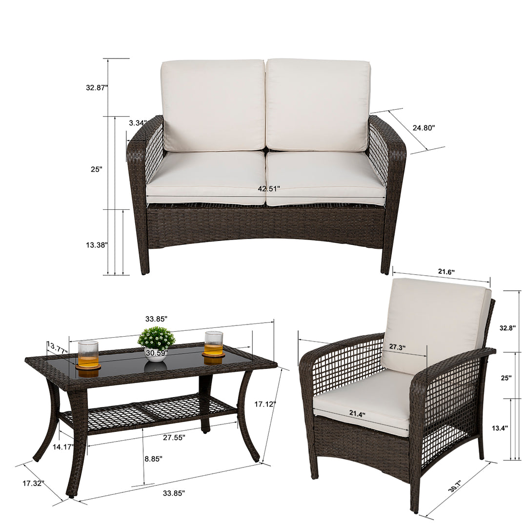 4 Pieces Patio Furniture, Outdoor Conversation/Sofa Set with Rattan Coffee Table and Cushions, Steel, PE Rattan Wicker, for Small Balconies, Front Porch, Yard, Deck