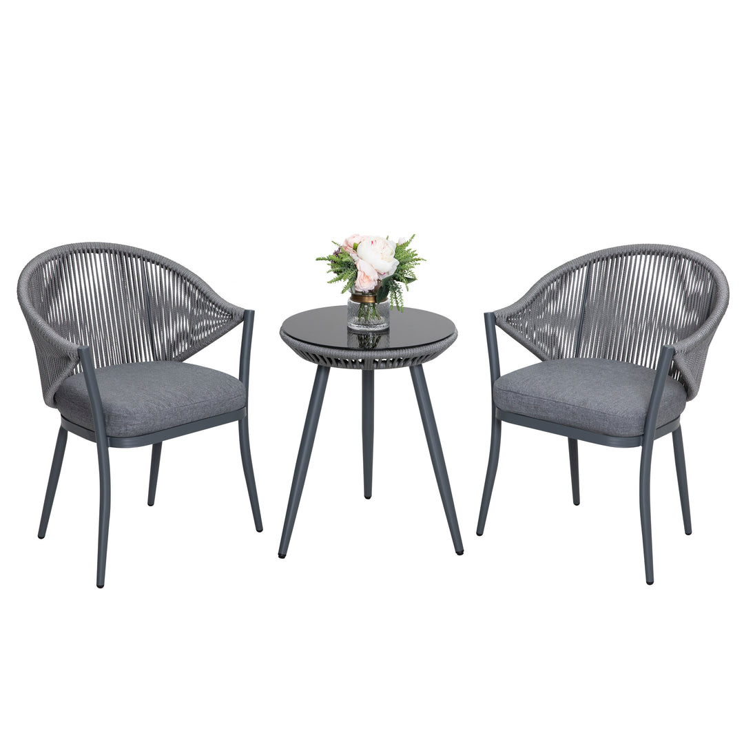 3 Pieces Aluminum Patio Bistro Conversation Set Unique Rope Outdoor Garden Furniture Table and Chair Set with Coffee Cushions