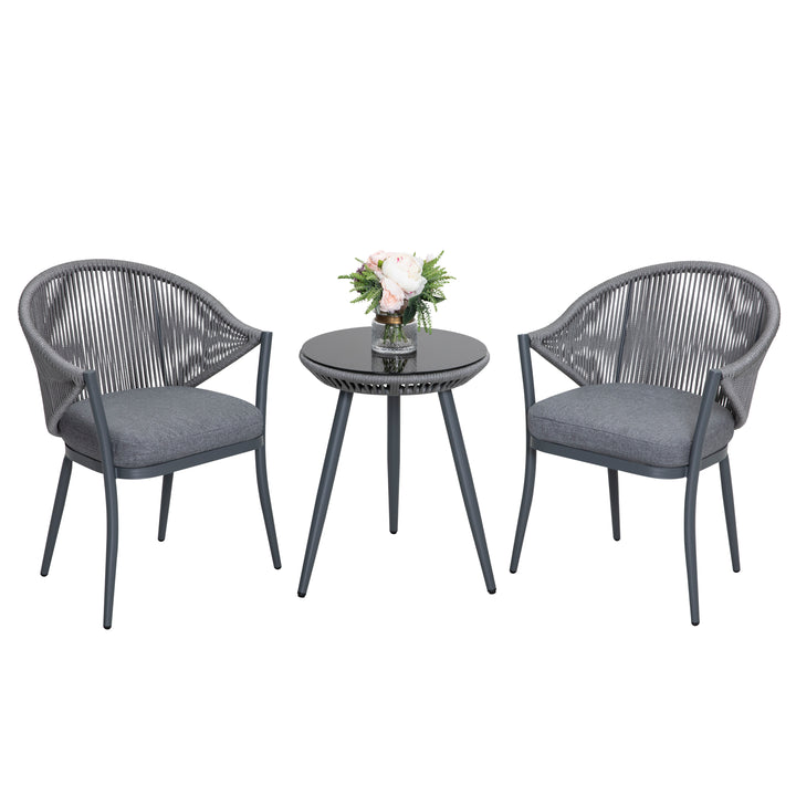 3 Pieces Aluminum Patio Bistro Conversation Set Unique Rope Outdoor Garden Furniture Table and Chair Set with Coffee Cushions