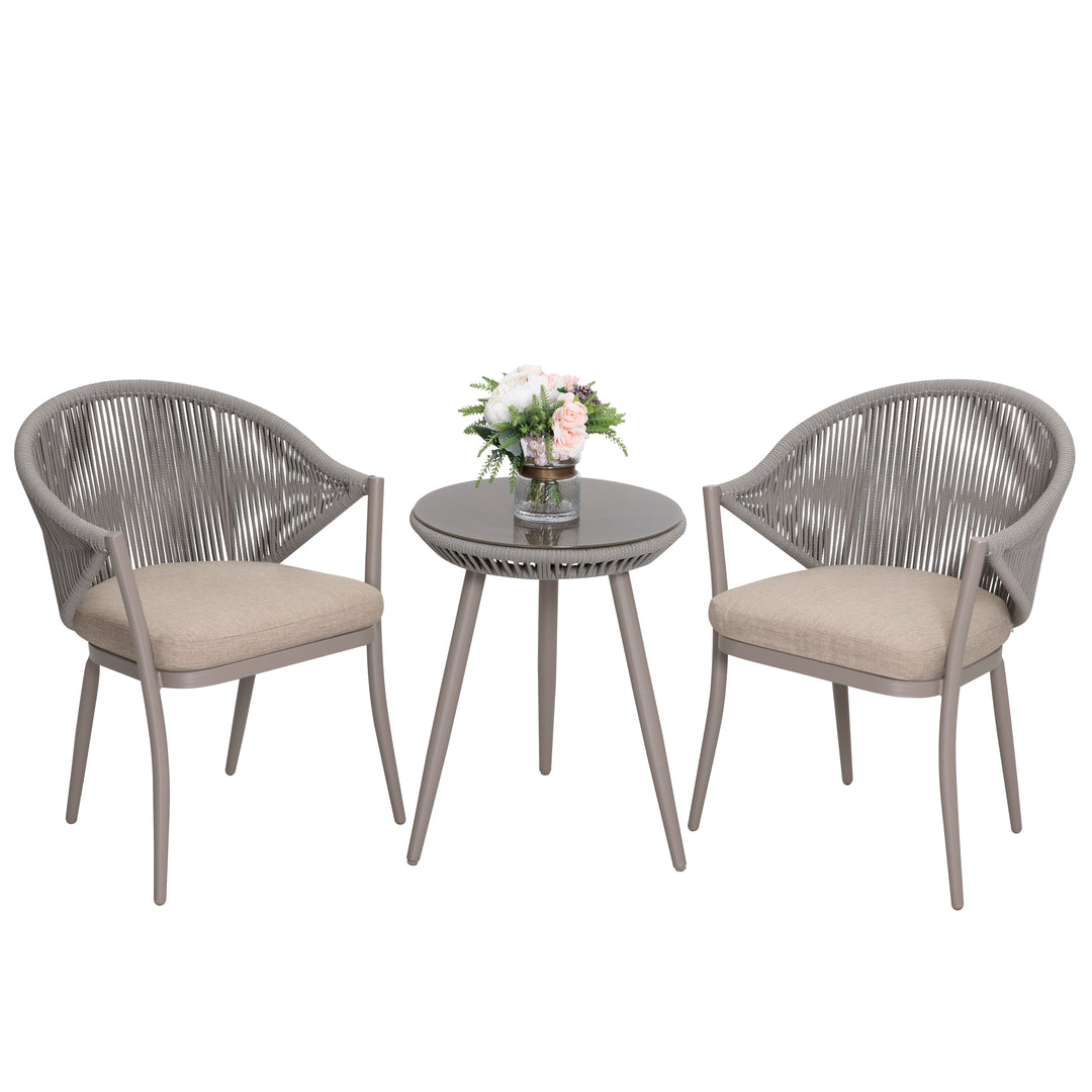 3 Pieces Aluminum Patio Bistro Conversation Set Unique Rope Outdoor Garden Furniture Table and Chair Set with Coffee Cushions