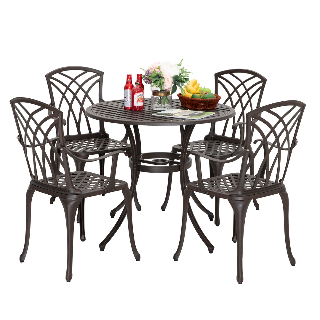 5 Piece Outdoor Cast Aluminum Dining Set, Round Patio Table and Chairs with Umbrella Hole for Patio or Deck, Lattice Weave Design