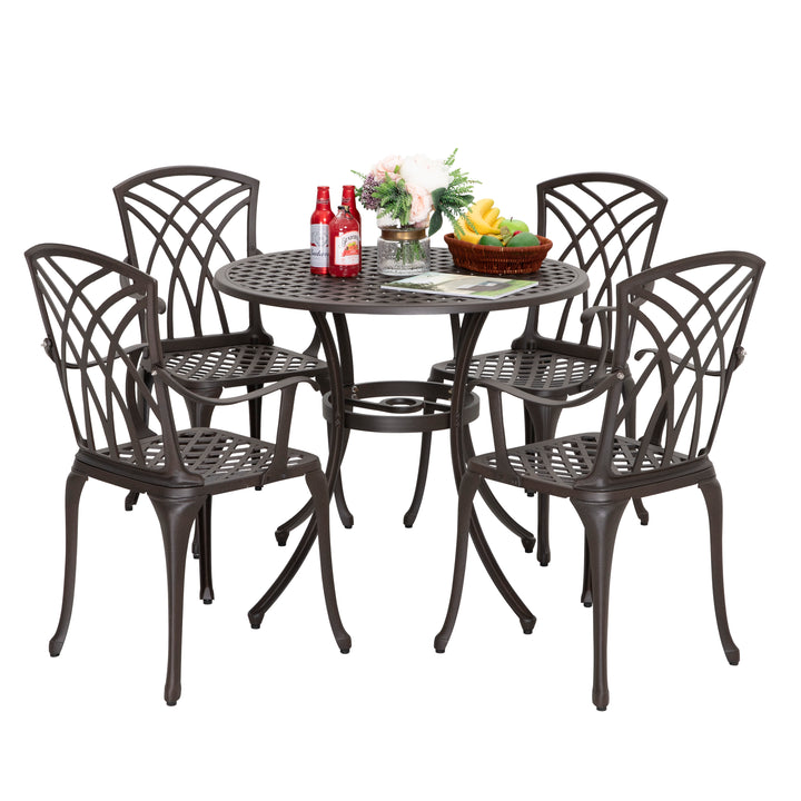 5 Piece Outdoor Cast Aluminum Dining Set, Round Patio Table and Chairs with Umbrella Hole for Patio or Deck, Lattice Weave Design