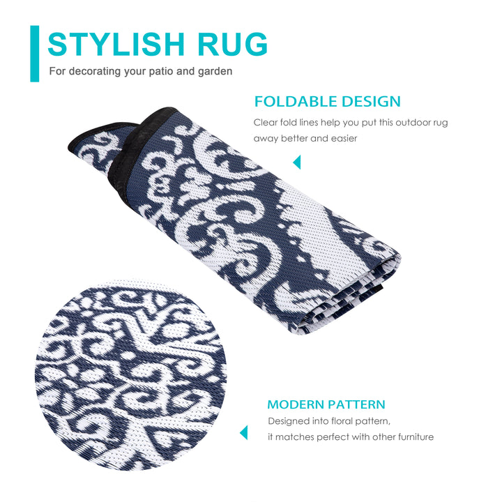 Round Outdoor Rug, Plastic Straw Foldable Area Rug Indoor Outdoor Carpet for Patio Decor Balcony Camping Picnic RV, Blue and White