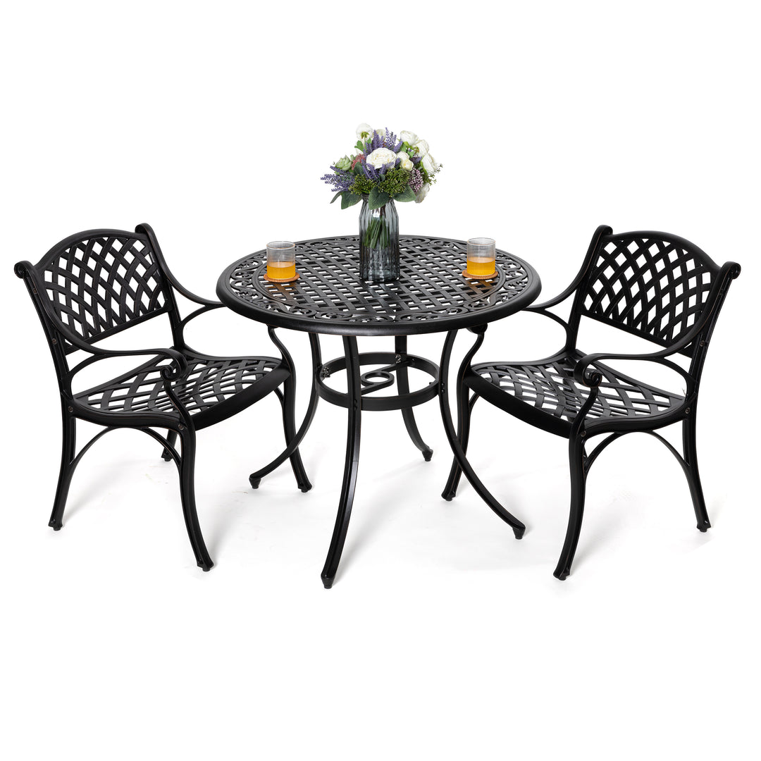 3 Pieces Outdoor Bistro Set Cast Aluminum Patio Dining Set Outdoor Furniture Table with Umbrella Hole for Yard, Balcony